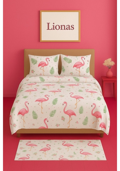 Lionas Çift Kişilik Desenli Nevresim + 2 Adet Kapaklı Yastık Kılıfı Pudra
