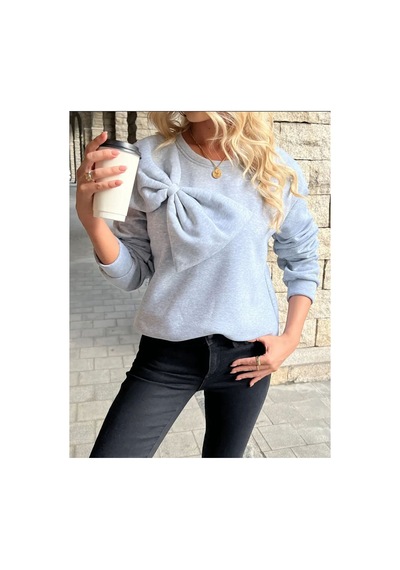 Caddekombin Kadın Büyük Kurdele Detaylı Bisiklet Yaka İçi Yünlü Gri Sweatshirt Gri