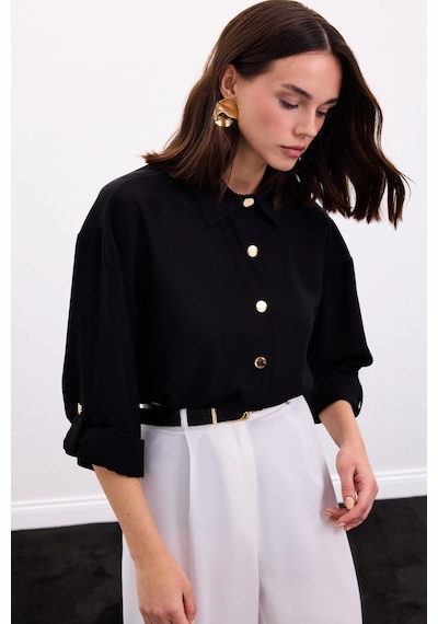Sateen Çıtçıt Detaylı Gömlek - Siyah-136896 Siyah