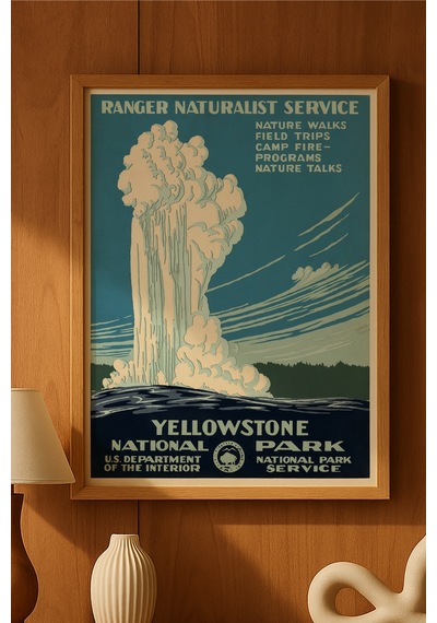 Yellowstone Doğal Ahşap Çerçeveli Poster, Dekoratif Seyahat Duvar Tablosu
