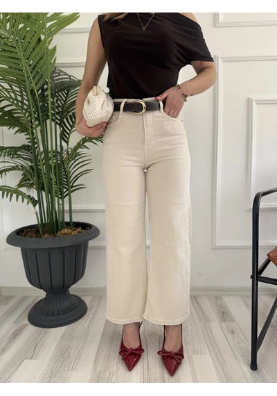 Keymoda Kadın Wide Leg Kemerli Bej Jean