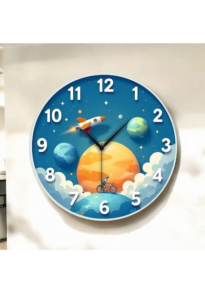 AA Shop Çocuk Odası Uzay Renkli Baskı Desenli Sayılı Hediyelik Ahşap Sessiz Duvar Saati 50cm ÇOk Renkli