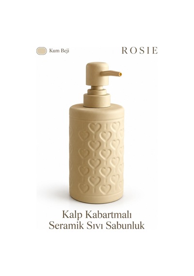 Rosıe Kum Beji Kabartma Kalp Desenli Yuvarlak Seramik Sıvı Sabunluk 350 Ml Karışık