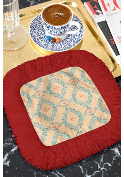 Saray Ihtişamı Saçaklı Bohem Sunum Peçetesi - Vintage Etnik Mavi Bej Bordo Bardak Altlığı Mendil Tozlu Taba
