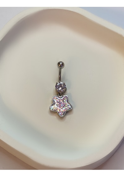 Kadın Pembe Yıldız Model Çelik Piercing Gümüş
