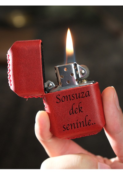 Vagave Kırmızı Renk Hakiki Deri El Yapımı Zippo Benzinli Çakmak