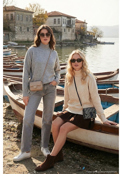 Lela Oversize Fit Balıkçı Yaka Yumuşak Dokulu 2'Li Paket Triko Bayan Kazak 680Kz00469S2 Açık Gri-Taş