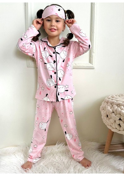 Lolliboomkids Kız Çocuk Pembe Renk Kuzu Desenli Baskılı Pijama Takımı Göz / Uyku Bantlı Kuzu Pembe