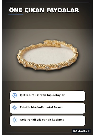 Bay Sıralı Zirkon Taşlı Pirinç Kadın Bileklik - Gold Renk Tekli Parça, Bijuteri Aksesuar Bx-313594 Najmaddin Standart