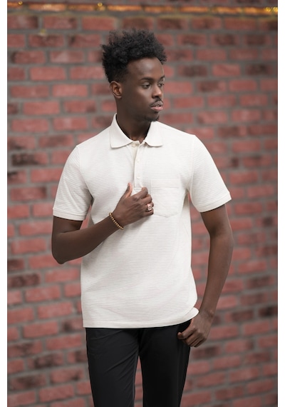 Advante Rahat Kesim Örme Dokumalı Cepli Polo Yaka T-shirt krem
