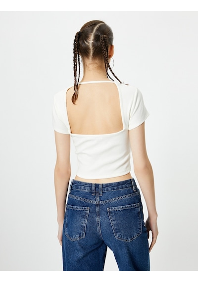 Koton Sırt Dekolteli Tişört Crop Kısa Kollu Fitilli Slim Fit Ekru 4sal10804ık Ekru