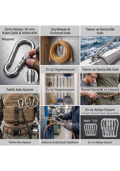 Metal Vidalı Karabina 10 Mm 5'li Paket - Kalın Çelik Yük Taşıma Kancası, Dağcılık Ve Taktik Askı Aparatı