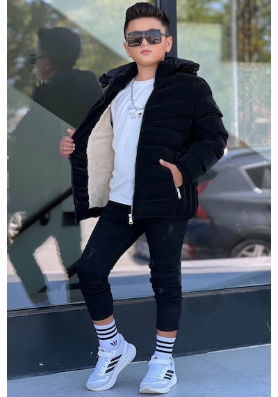 Pina Kids Erkek Çocuk Siyah İçi Kürklü Çıkarılabilir Kapüşonlu Nova Kışlık Mont Km4014