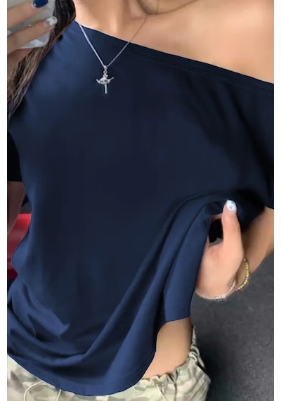 Lacivert Kadın Düşük Omuz Kayık Yaka Oversize T-shirt Lacivert