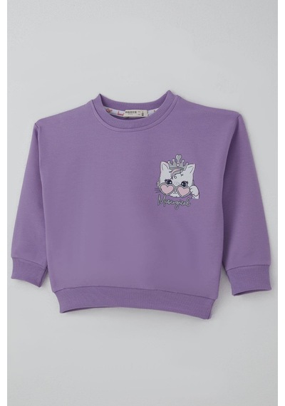 Breeze Kız Çocuk Sweatshirt Minik Taçlı Kedi Prenses Baskılı Sırt Baskı Detaylı 1.5-5 Yaş, Lila Lila