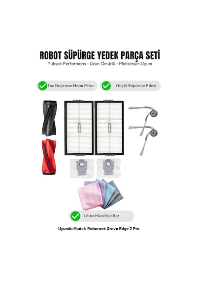 Roborock Qrevo Edge 2 Pro İle Uyumlu 1 Ana Fırça 2 Yan Fırça 2 Filtre 2 Toz Torbası 1 Temizlik Bezi 15.0