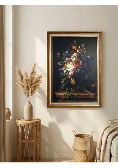 Vintage Gold Çerçeveli Dekoratif Tablo - Dark Floral Art - 60x80 Cm