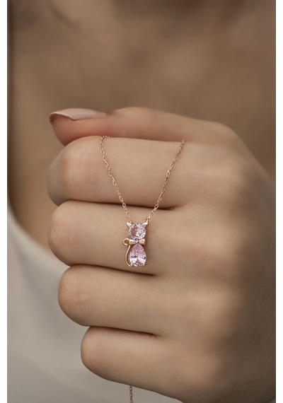 Nereze 925 Ayar Gümüş Pembe Taşlı Kedi Kolye