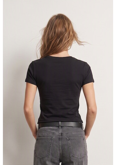 Elemge %95pamuk %5likra Vücuda Oturan Magic Fit Siyah Kadın Stretch T-shirt Compact Penye Kısa Kol Esnek Basic Tişört Elastan