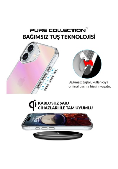 Bix iPhone Uyumlu 16 Plus Pure Rainbow Renk Geçişli Şeffaf Kılıf Çizilmeye Dayanıklı Darbe Emici Pembe