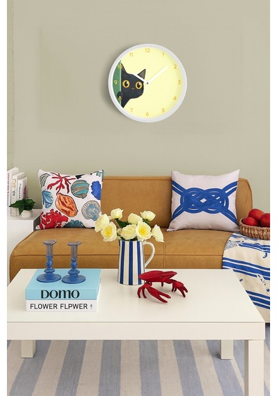 Sevimli Siyah Kedi Modern Duvar Saati - 35cm - Önü Camlı Beyaz Kasa - Sessiz Mekanizma Beyaz