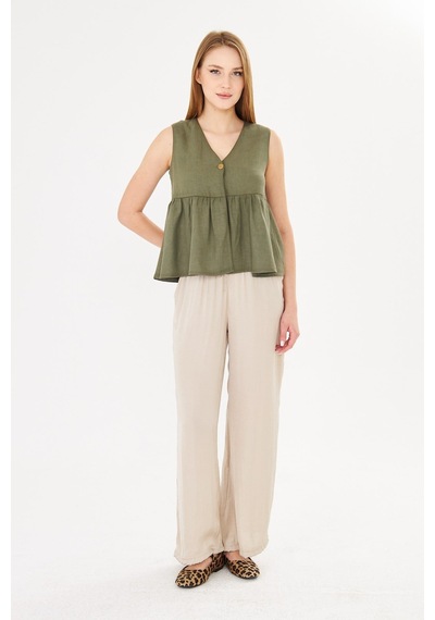 Sortie Collection V Yaka Tek Düğmeli Peplum Haki Keten Bluz