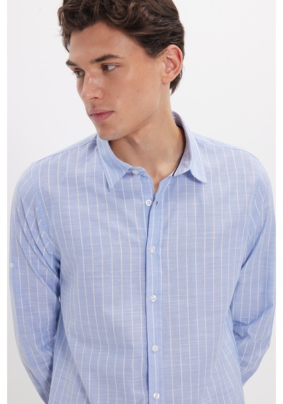 Tudors Erkek Slim Fit Dar Kesim Uzun Kollu %100 Pamuk Keten Doku Çizgili Gömlek-42647 Mavi