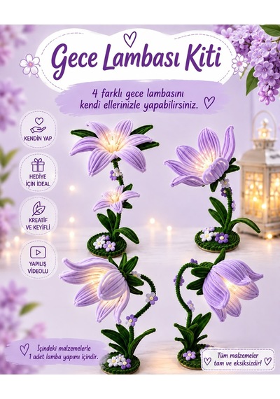 Çan Çiçeği Gece Lambası Kit Seti,renk Açık Mor, Tel Şönilden Tüylü Şönil Seti
