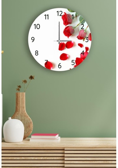 Çap 37 Cm Kırmızı Güller Dekoratif Cam Duvar Saati (498569496) Kırmızı