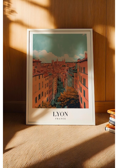 Lyon France Vintage Seyahat Posteri Çerçeveli Tablo - Premium Fransız Mimarisi Elit Duvar Dekoru Beyaz