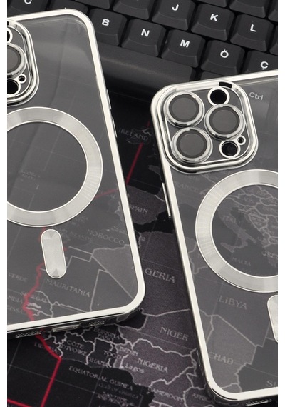 Apple Uyumlu iPhone 14 Pro Magsafe Özellikli Gümüş Gri Silver Renkli Kenarlı Lazerli Şeffaf Kılıf Lens Korumalı