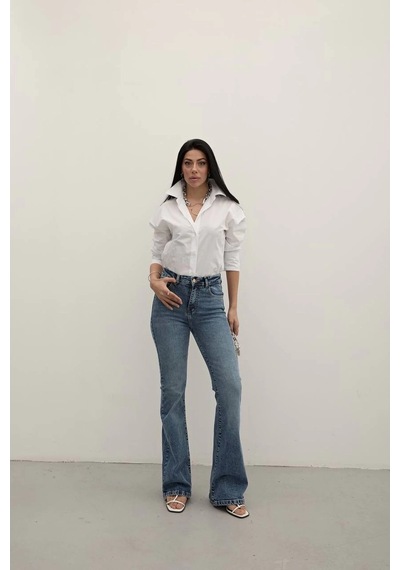Dark Blue Premium Yüksek Bel Bronz Düğmeli İspanyol Paça Jeans Mavi