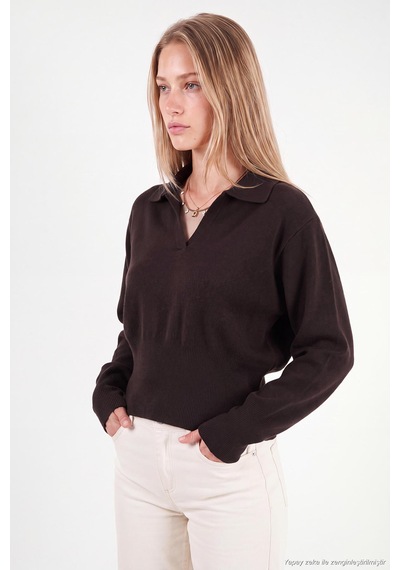 Lela Yumuşak Dokulu Regular Fit Polo Yaka Kazak Kadın Kazak 680kz00163 Kahve