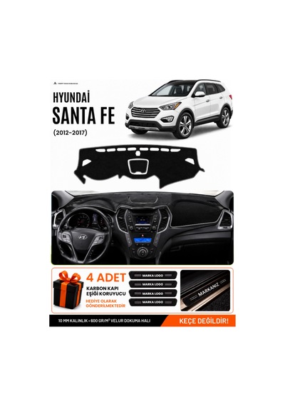 Hyundai Santa Fe 2012-2017 Uyumlu Torpido Örtüsü, Torpido Kılıfı - Siyah Gri