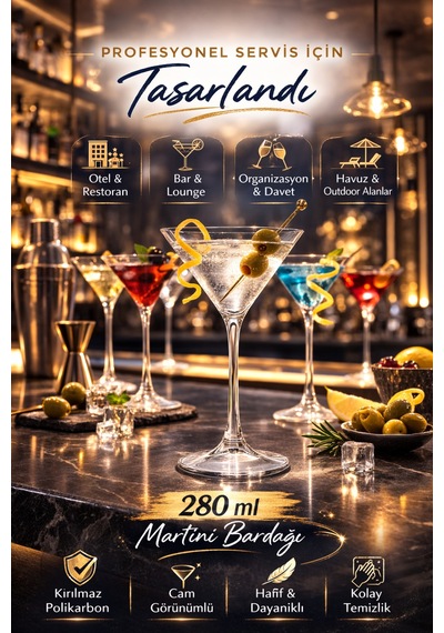 Polikarbon Martini Kadehi Kırılmaz Cam Görünümlü 280 Ml Kokteyl Bardağı Şeffaf