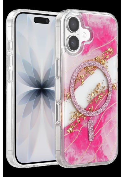 Onegif Apple İphone 17 Uyumlu Lotus Simli Magsafe Kapak - Pembe