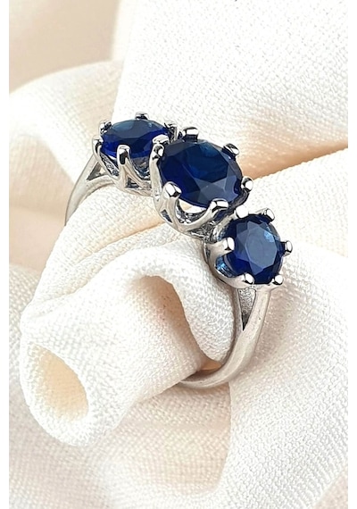 Sky Diamond Blue Creative Sapphire 925 Ayar Gümüş Lüks Tria Yüzük (521723198)