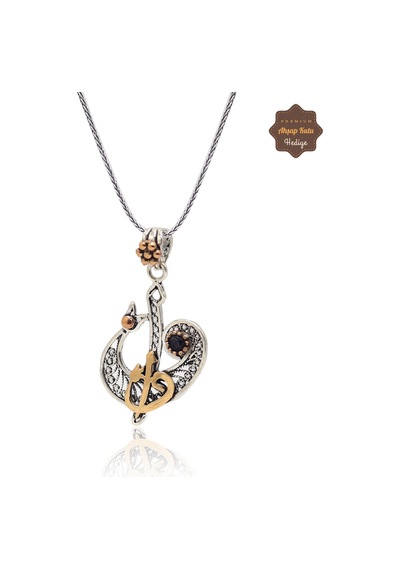 Oniks Taşlı Elif Vav Model Oksitli 925 Ayar Gümüş Telkari Kadın Kolye 201025703