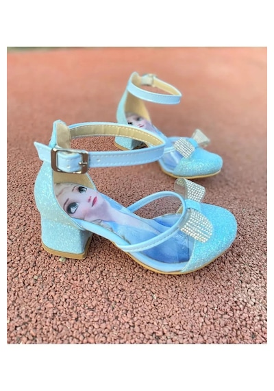 Nese Shoes Fiyonklu Simli Prenses Baskılı Kız Çocuk Topuklu Ayakkabı, Abiye Ayakkabı Mavi