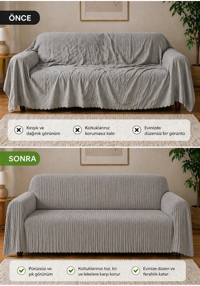 Premium Çizgili Kırık Beyaz Koltuk Örtüsü Kaymaz, Şık Ve Modern Tasarım Gri