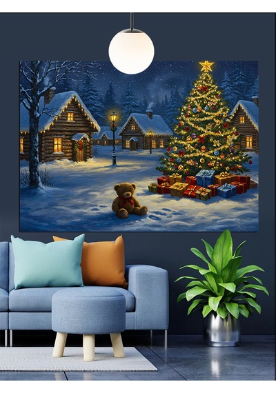 Karlı Kış Evi Ağaç Noel Dekoratif Kanvas - Mdf Ahşap Tablo