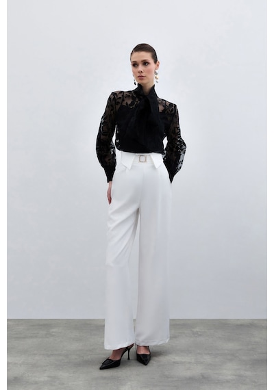 Sateen Fularlı Çiçek Desenli Gömlek - Siyah-136009 Siyah