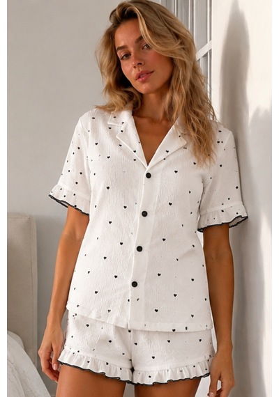 Kadın Viskon Kısa Kol Regular Beyaz Pijama Takımı