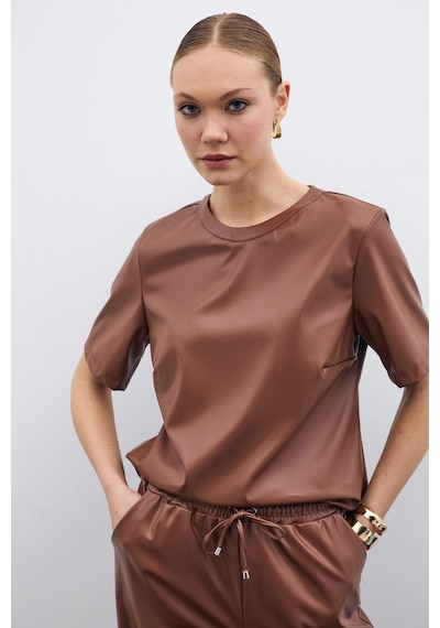 Sateen Kısa Kol Deri Bluz - Kahve-135521 Kahve