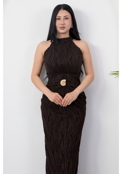 Kalopya Halter Yaka Beli Tokalı Bağlamalı Elbise Grs4023 Kahve
