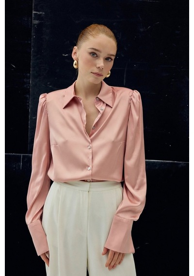 Sateen Vatkalı Saten Gömlek - Pembe-136730 Pembe