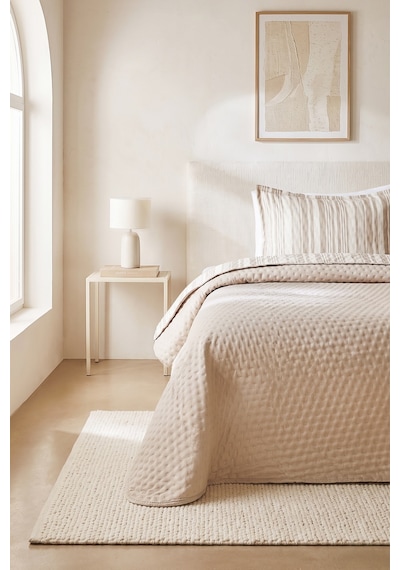 Ocean Home Textile Pamuklu Kapitoneli Bej Renk Çizgi Desen Tek Kişilik Yatak Örtüsü Seti 1 Adet 180 X 230 / 1 Adet 50 X 70 Cm