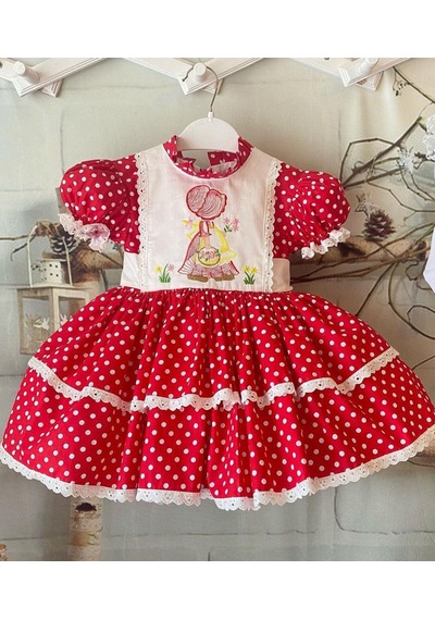 Kırmızı Puantiyeli Nakışlı Kız Bebek Elbisesi,özel Dikim Çocuk Elbisesi, Doğum Günü Elbisesi, 0-12 Yaş Kırmızı