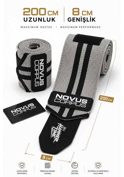 Fitness Diz Bandajı Knee Wraps Ağırlık Crossfit Dizliği Sarmalı Dizlik Cırt Bantlı - 2 Adet - Gri/siyah