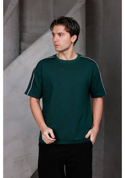 Erkek Şeritli Oversize Bisiklet Yaka 2 İki İplik Kompakt T-shirt Nefti